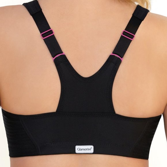 Glamorise SPORT Bra 42B (HIGH-IMPACT) Wicks! (RACERBACK) T-Back Zip-Up Black NEW - Picture 5 of 16